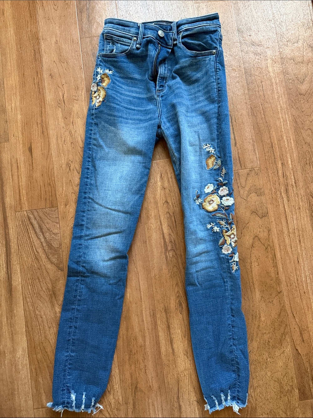 Abercrombie & Fitch Blue Slim Ankle Jeans with Floral Embroidery